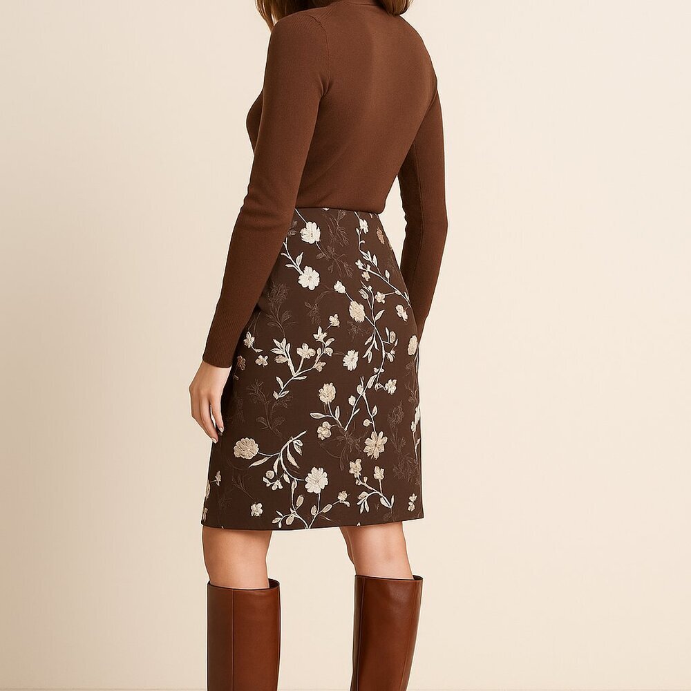 Etcetera Cream & Chocolate Brown Embroidered Cotton Pencil Skirt – Boho Elegance